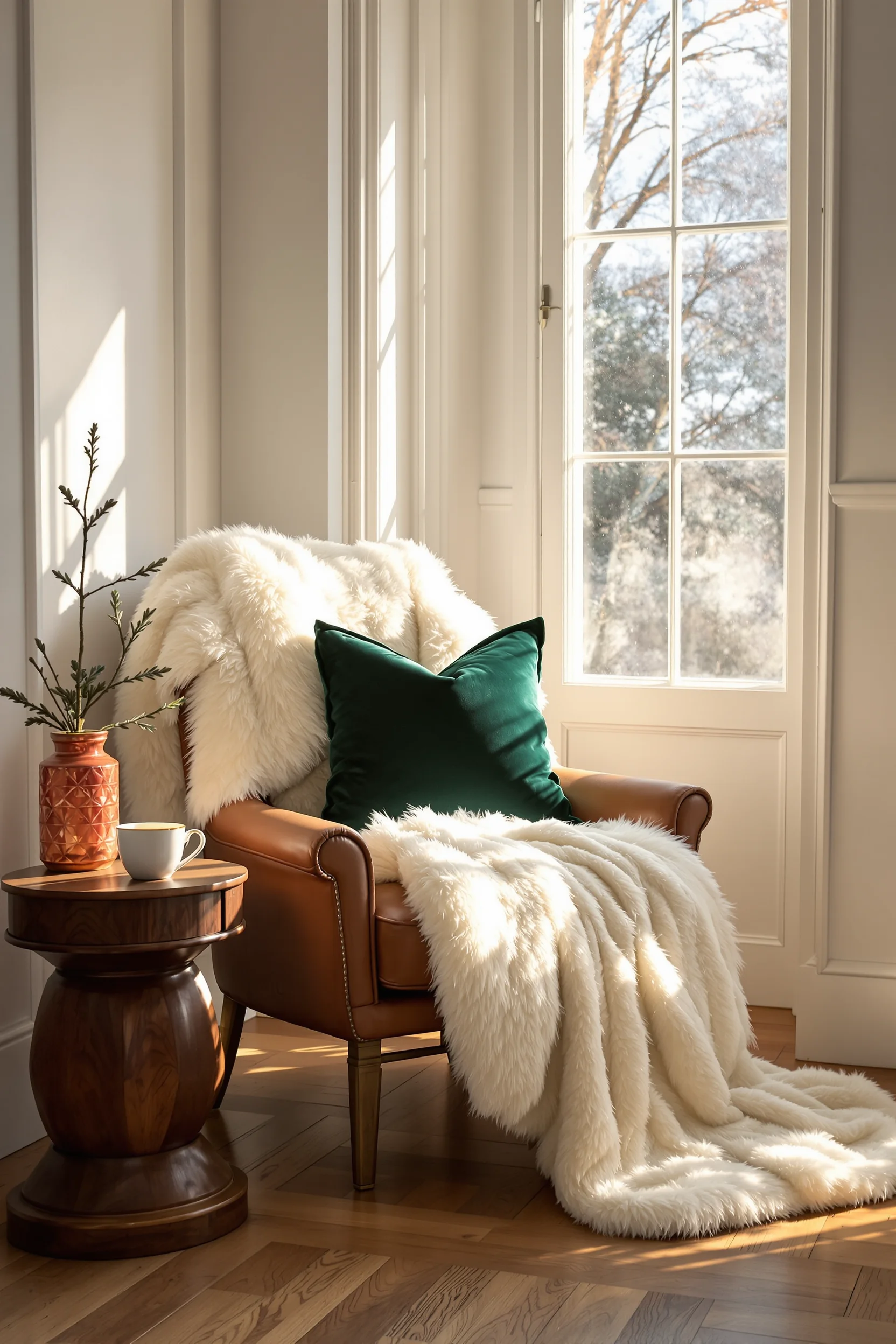 christmas reading nook ideas featuring white faux fur blanket on leather armchair with forest green pillows