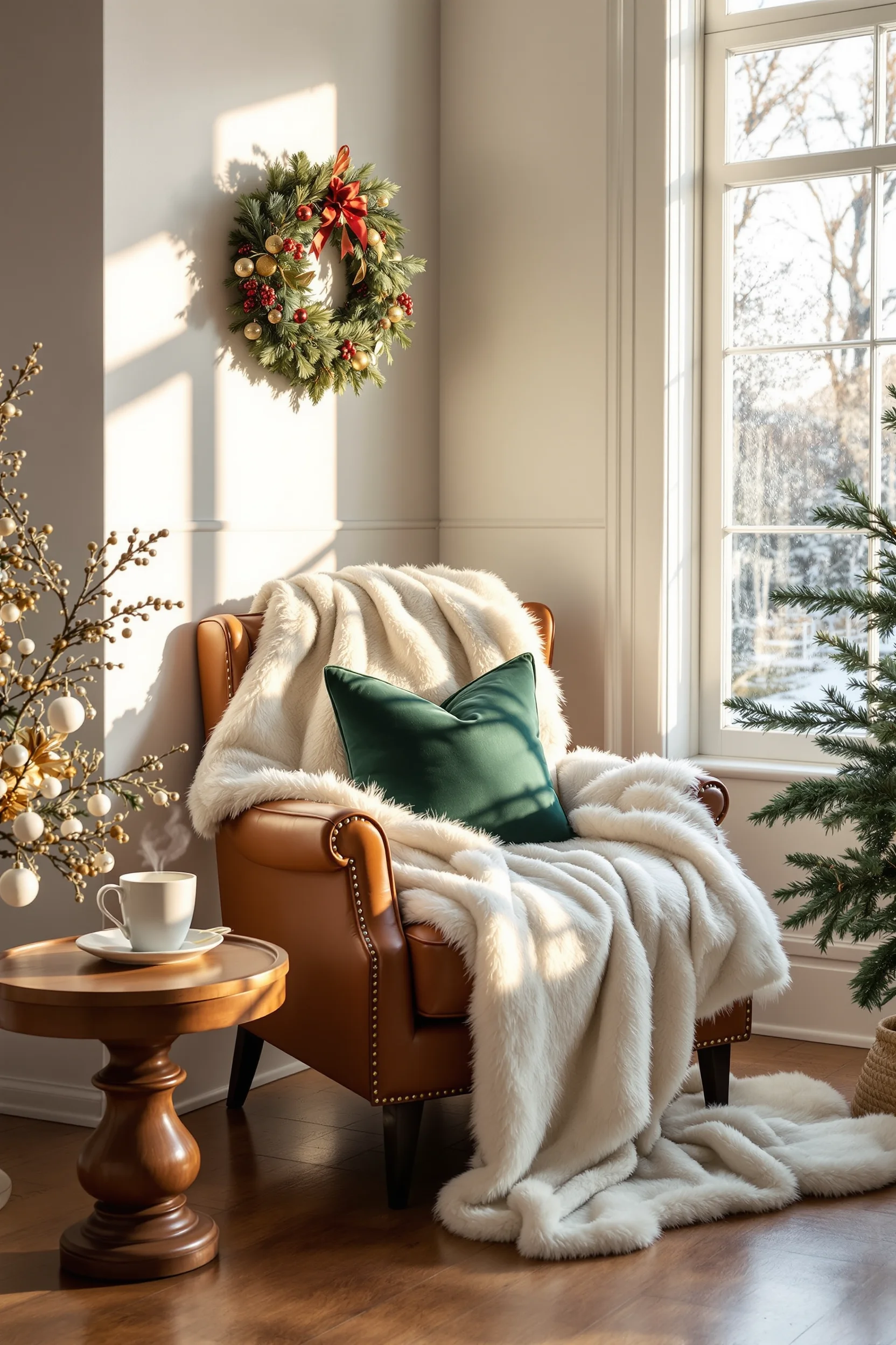 christmas reading nook inspiration displaying luxurious seating area with warm golden hour sunlight through frosted window