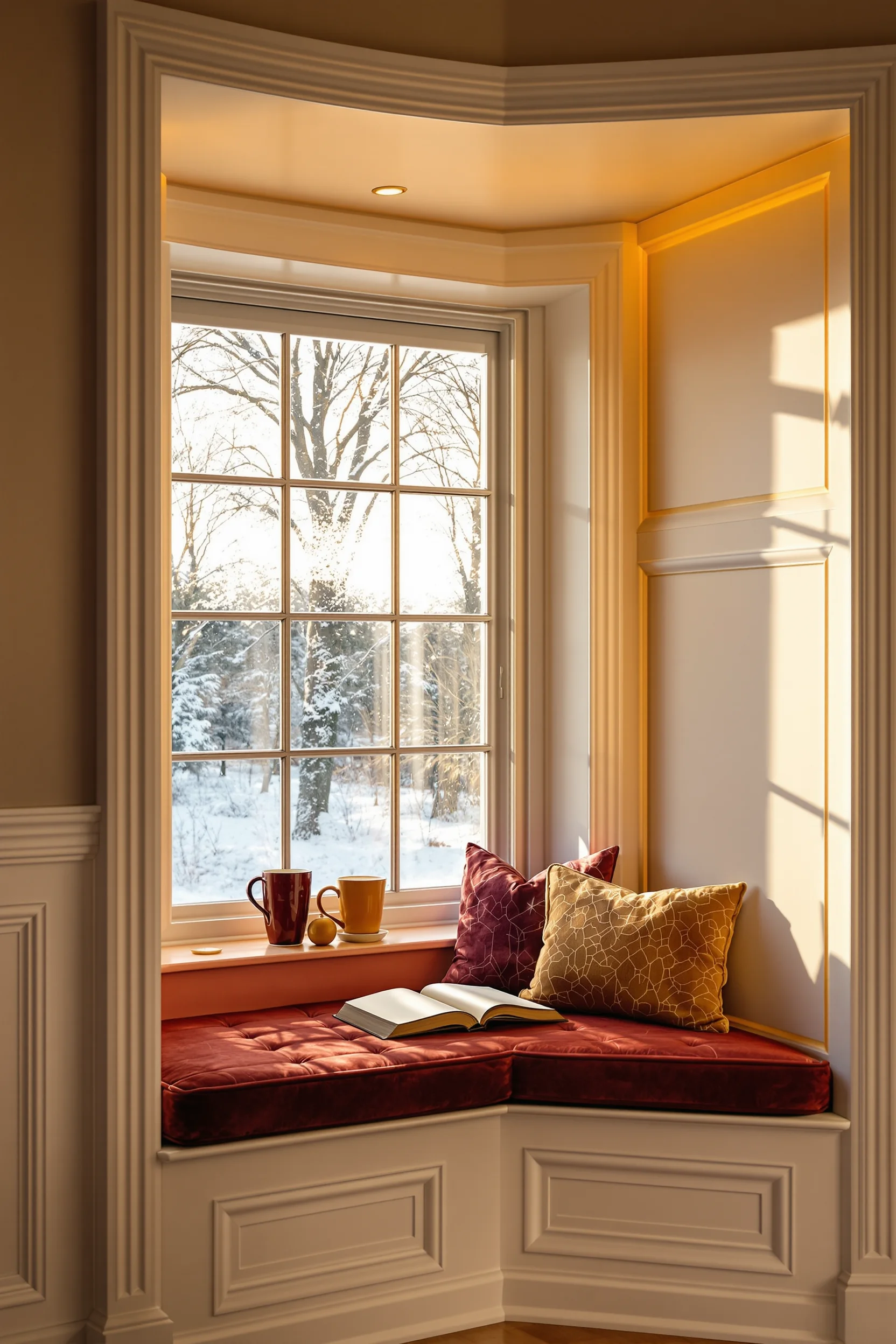 christmas reading nook inspiration displaying white wainscoting with amber reading light and frosted glass