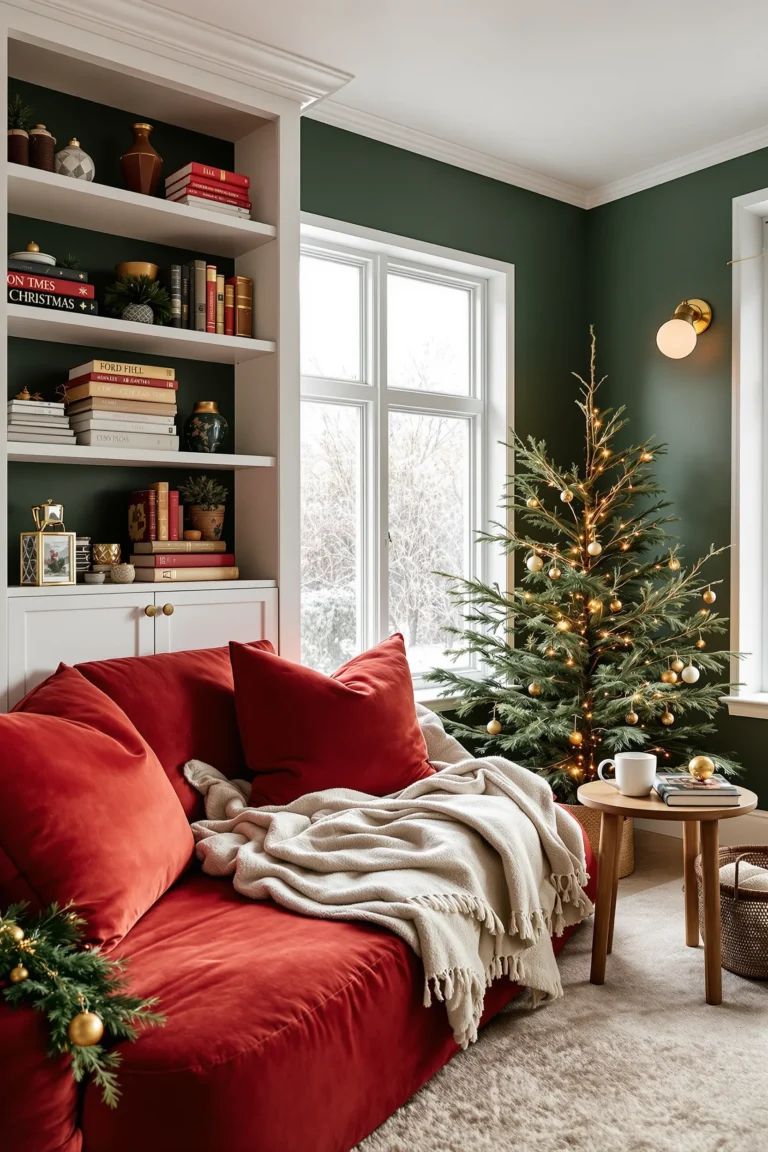 christmas reading nook inspiration showing cashmere throw and evergreen garland decorations