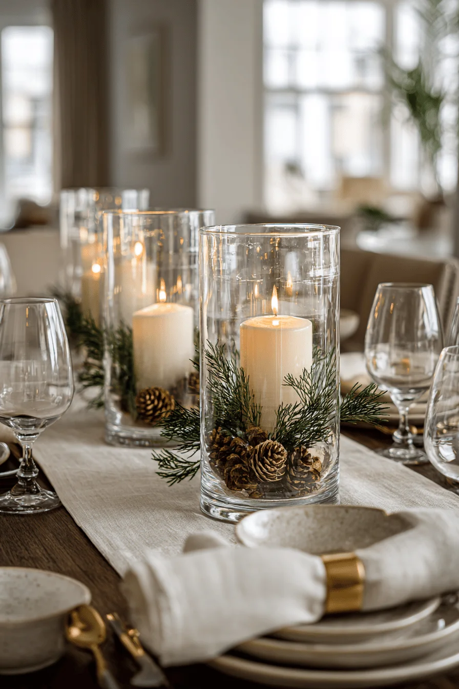 christmas table centerpiece aesthetics displaying crystal glass evergreen sprigs and professional shallow depth photography
