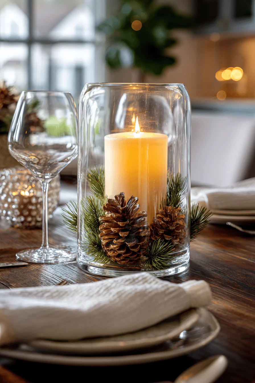 christmas table centerpieces ideas featuring glass hurricane with pillar candle and pine cone arrangement