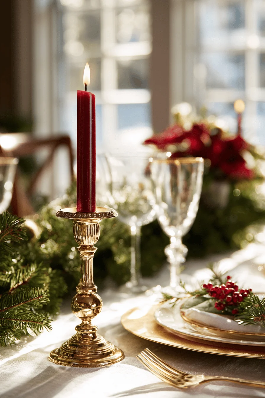 christmas table decor designs with gold charger plates crystal wine glasses fresh pine berry centerpieces
