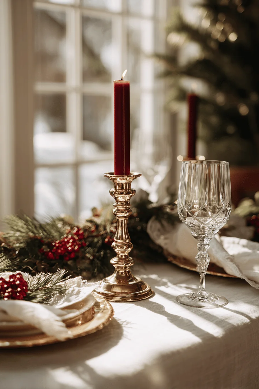 christmas table decor ideas featuring brass candlesticks burgundy candles white linen emerald garland golden hour lighting