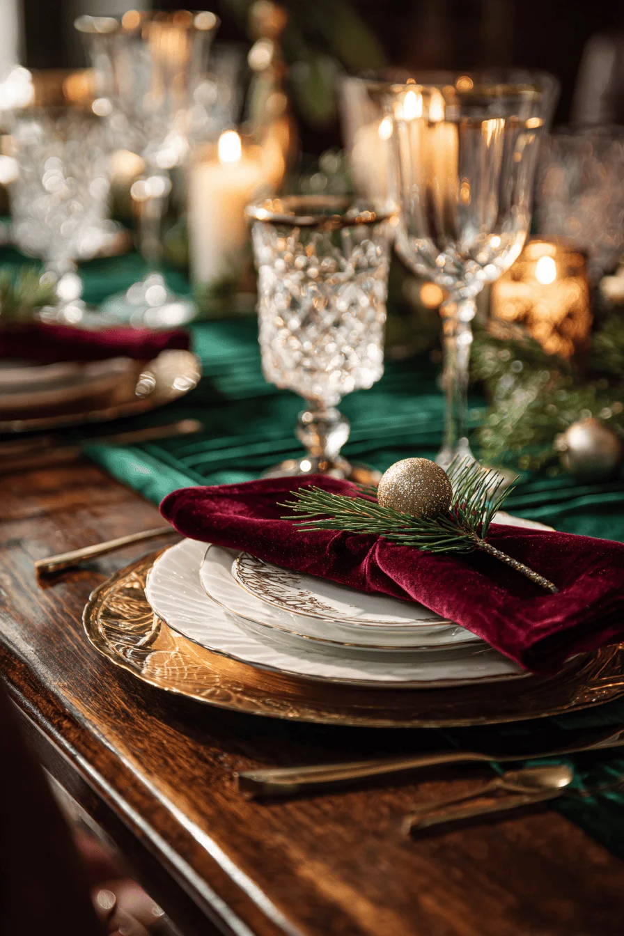 christmas table decorations with burgundy napkins golden candlelight and elegant holiday centerpiece with pine sprigs