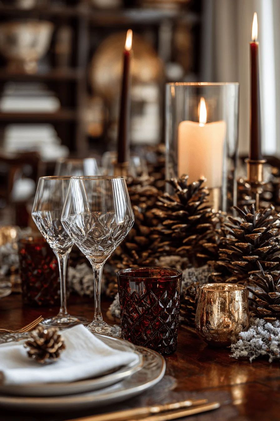 christmas table designs showcasing walnut dining table with scattered pine cones and brass candle holders