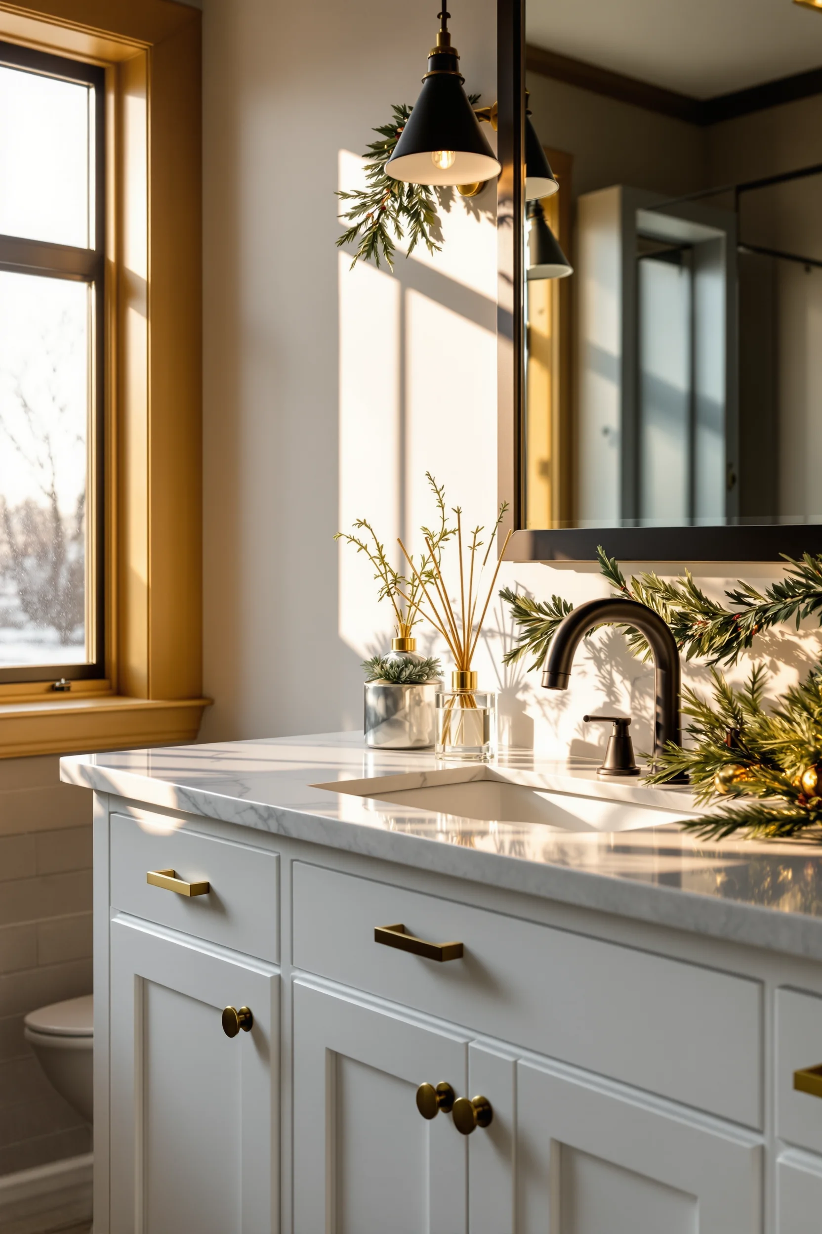christmas themed bathroom designs with seasonal diffuser display on white marble counter and brass details