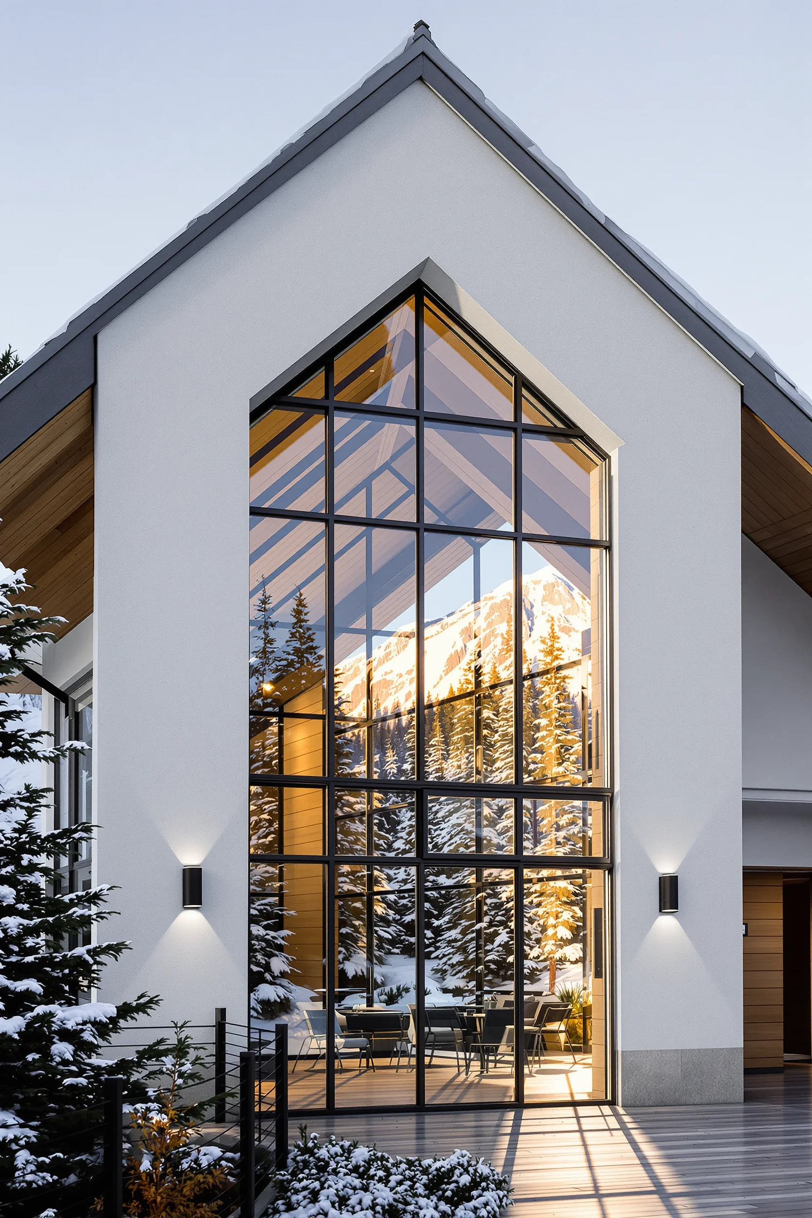 contemporary mountain home aesthetics featuring white stone construction with golden hour lighting and forest views