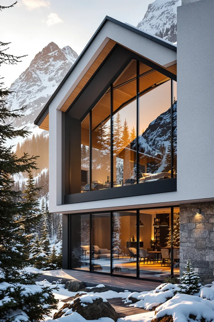 contemporary mountain home exterior ideas featuring white stone facade with black window frames and mountain backdrop