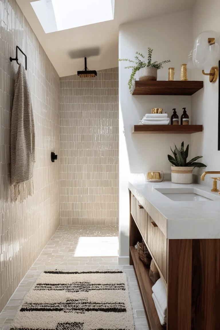 cottage bathroom aesthetics displaying neutral palette geometric patterns and premium fixture finishes