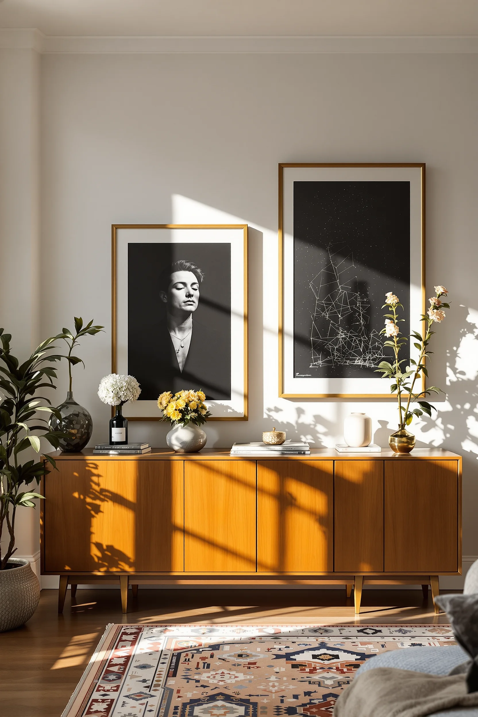 cozy maximalist living room aesthetics displaying rich colors geometric patterns professional shallow depth composition