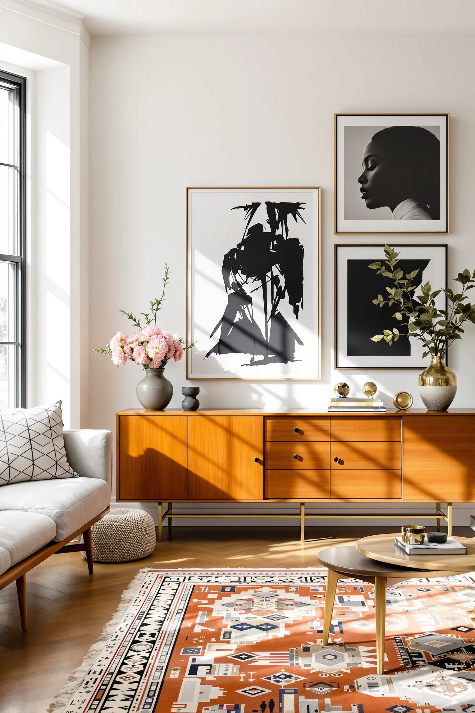 cozy maximalist living room inspiration showcasing layered textures golden afternoon glow fresh dahlia arrangement