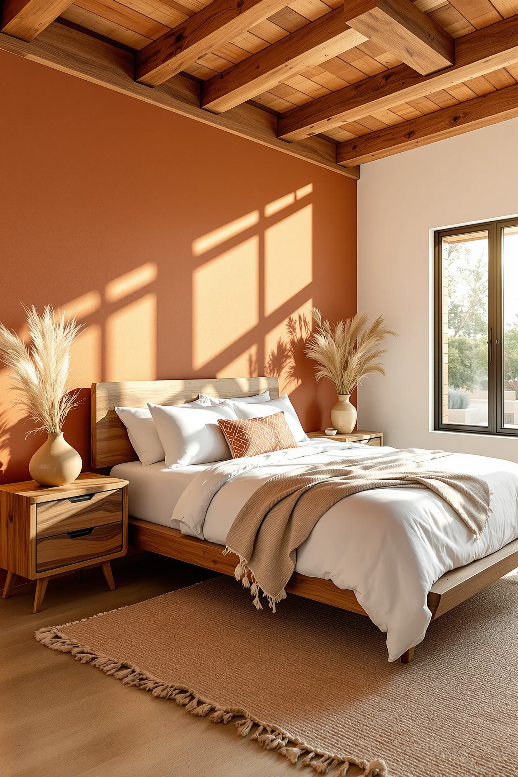 desert aesthetic bedroom aesthetics displaying pampas grass and ceramic vessel with warm lighting
