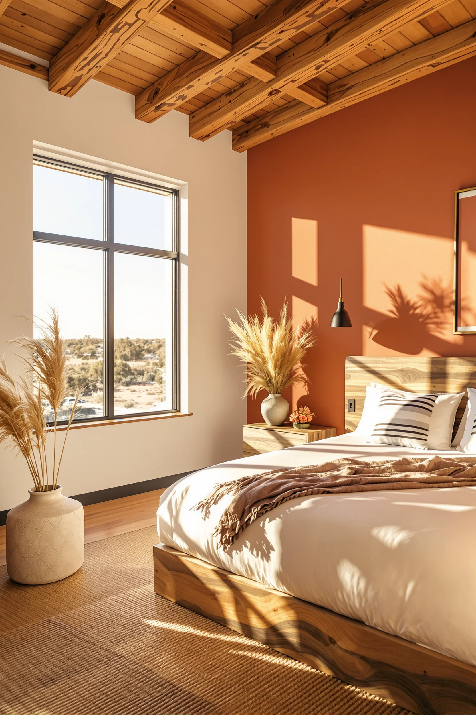 desert aesthetic bedroom designs showing golden sunlight through window with geometric shadow patterns