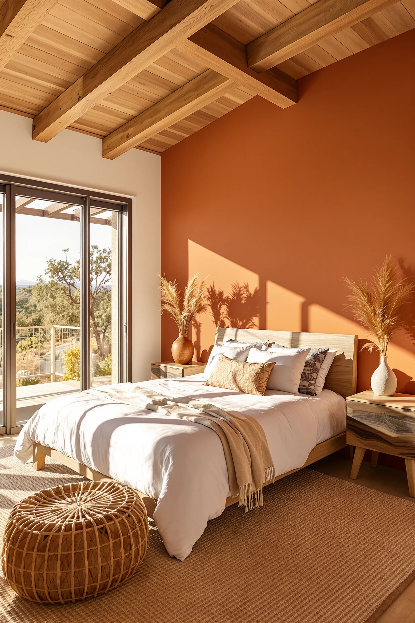 desert aesthetic bedroom ideas featuring wooden beam ceiling with terracotta walls and white bedding