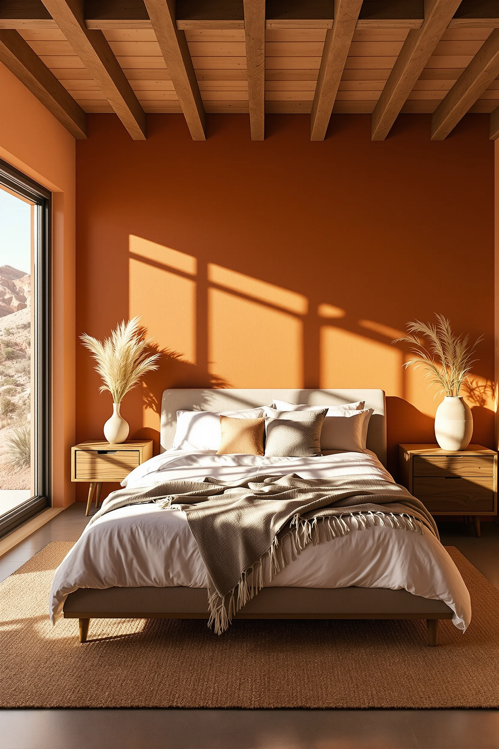 desert aesthetic bedroom inspiration with handwoven jute rug and live edge walnut nightstand