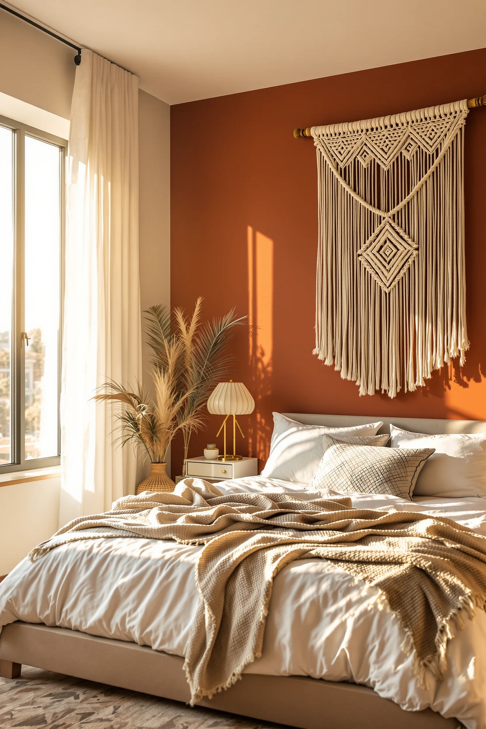 desert bedroom aesthetic featuring oversized macrame wall hanging with terracotta accent wall and white bedding