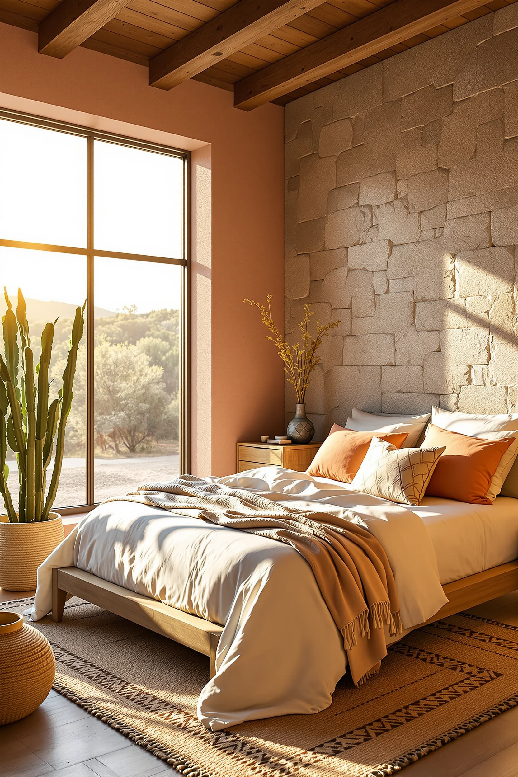 desert bedroom aesthetics showcasing neutral colors with reclaimed wood and woven textiles