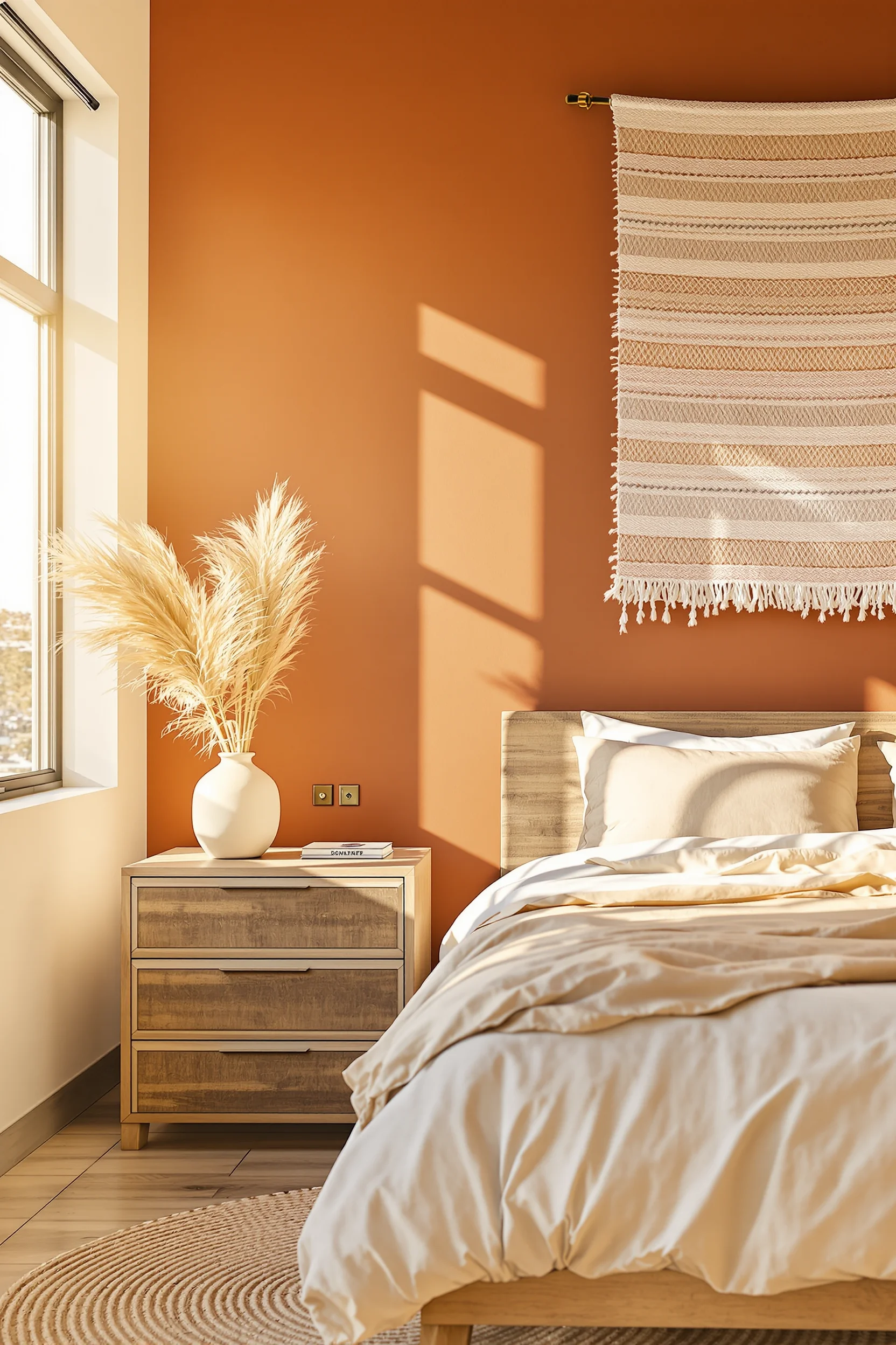 desert bedroom decor ideas featuring oversized woven wall tapestry and terracotta accent wall with cream bedding