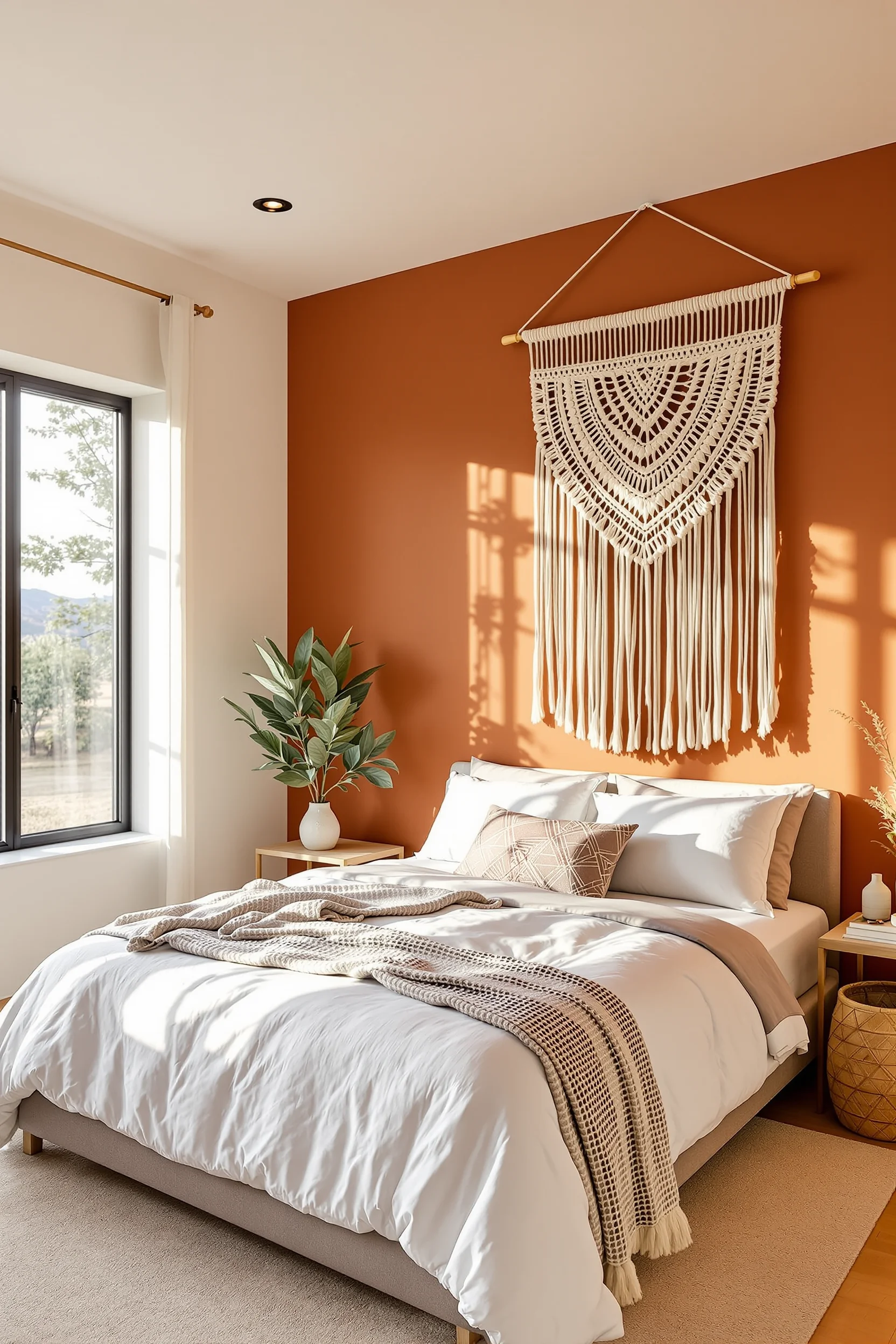 desert bedroom designs displaying large rope wall art with neutral textiles and geometric patterns throughout