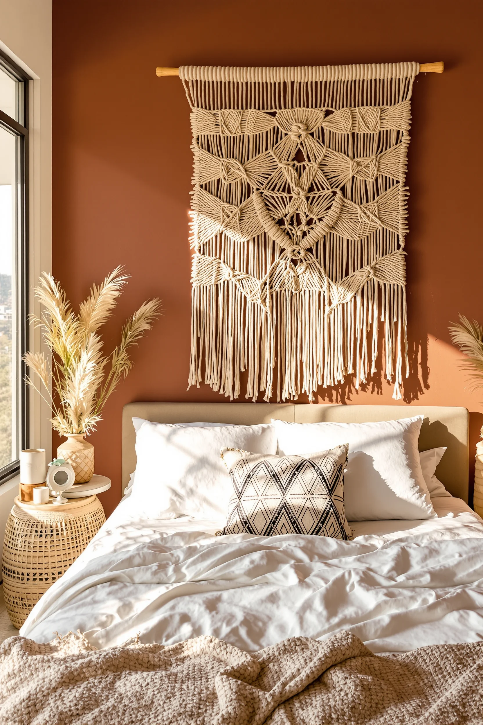desert bedroom ideas showing boho macrame decor against deep terracotta wall with golden sunlight streaming