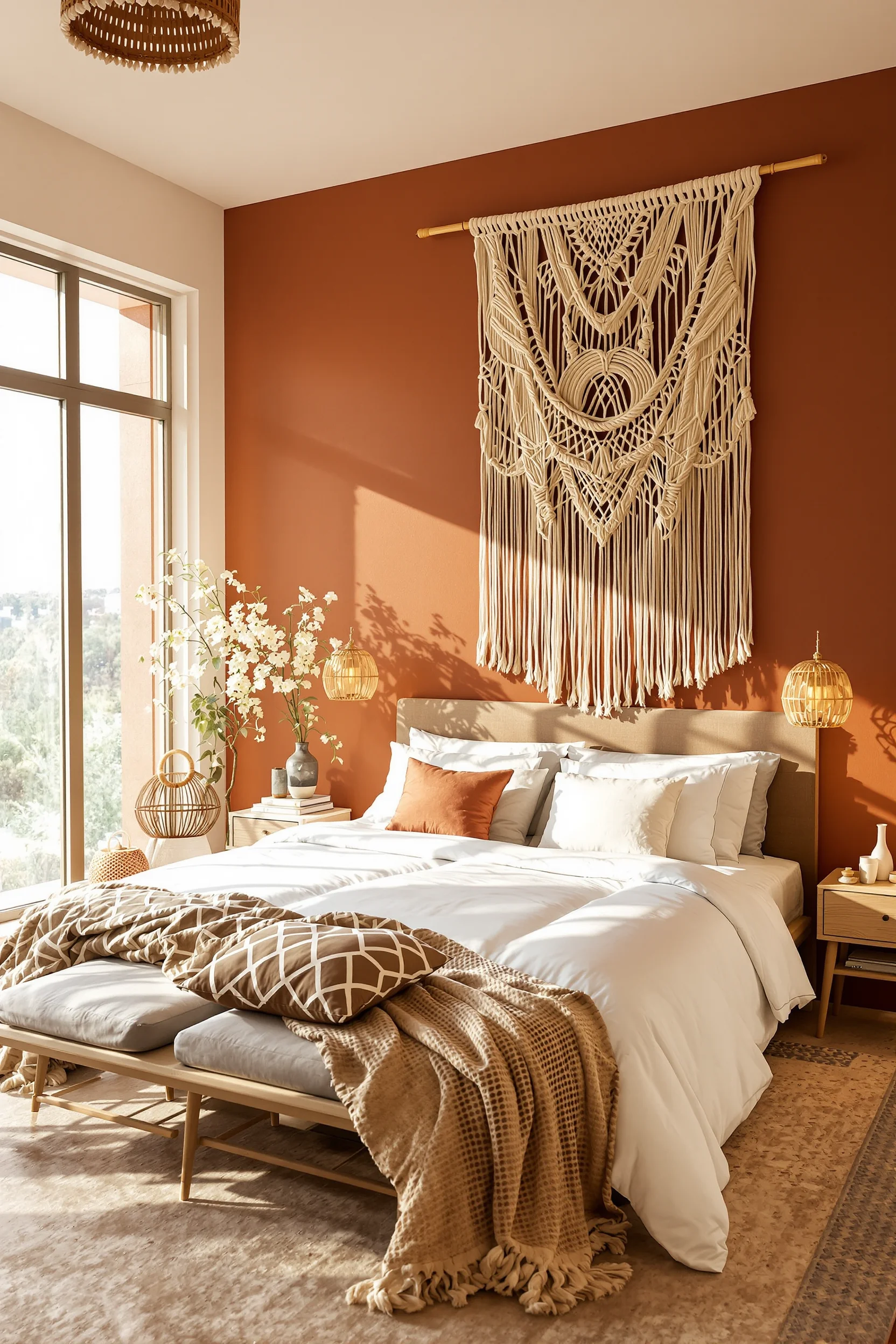 desert bedroom inspiration showcasing dramatic macrame focal point with jute textures and southwestern styling elements