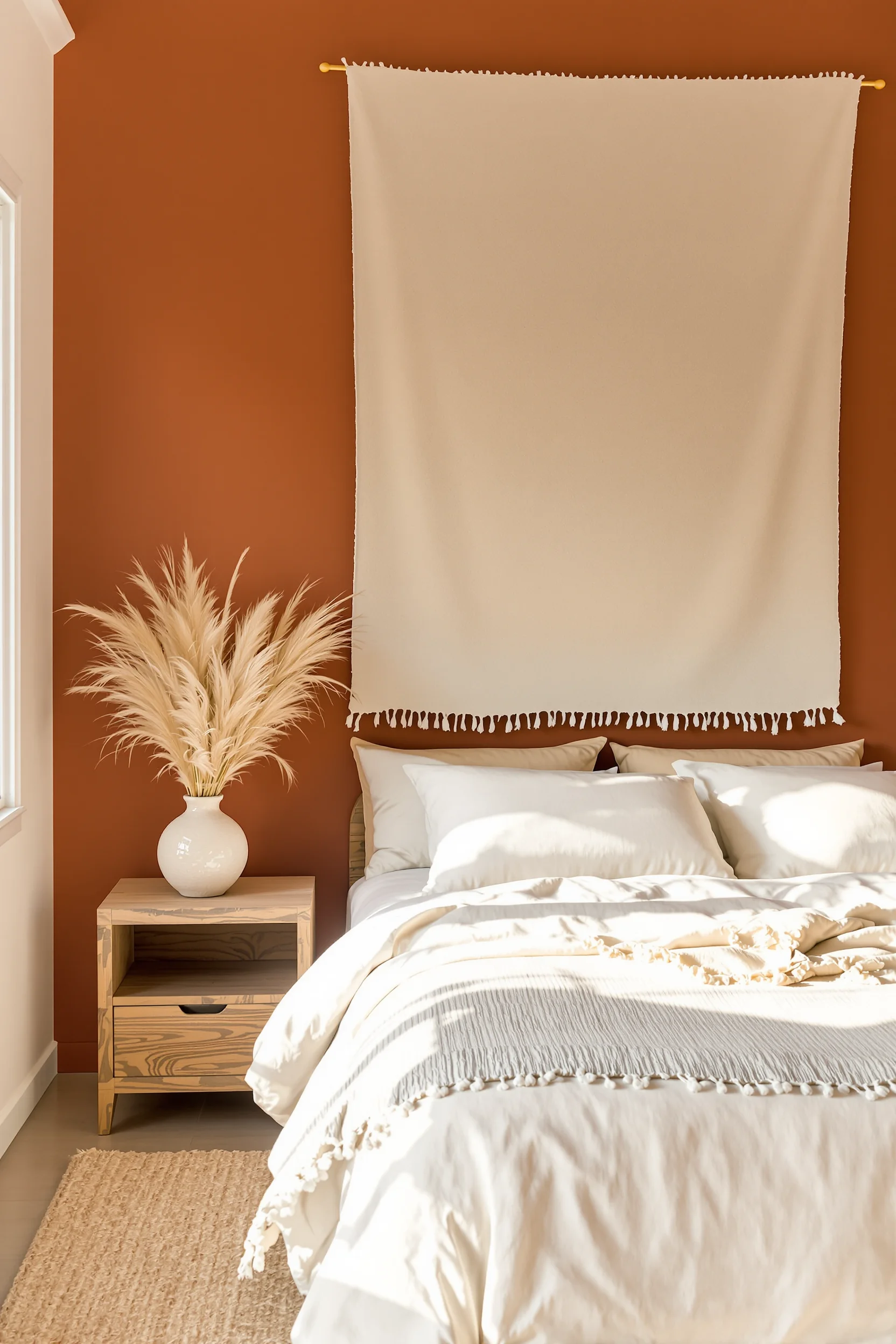 desert bedroom inspiration with ceramic vase pampas grass stem and modern boho styling in natural lighting