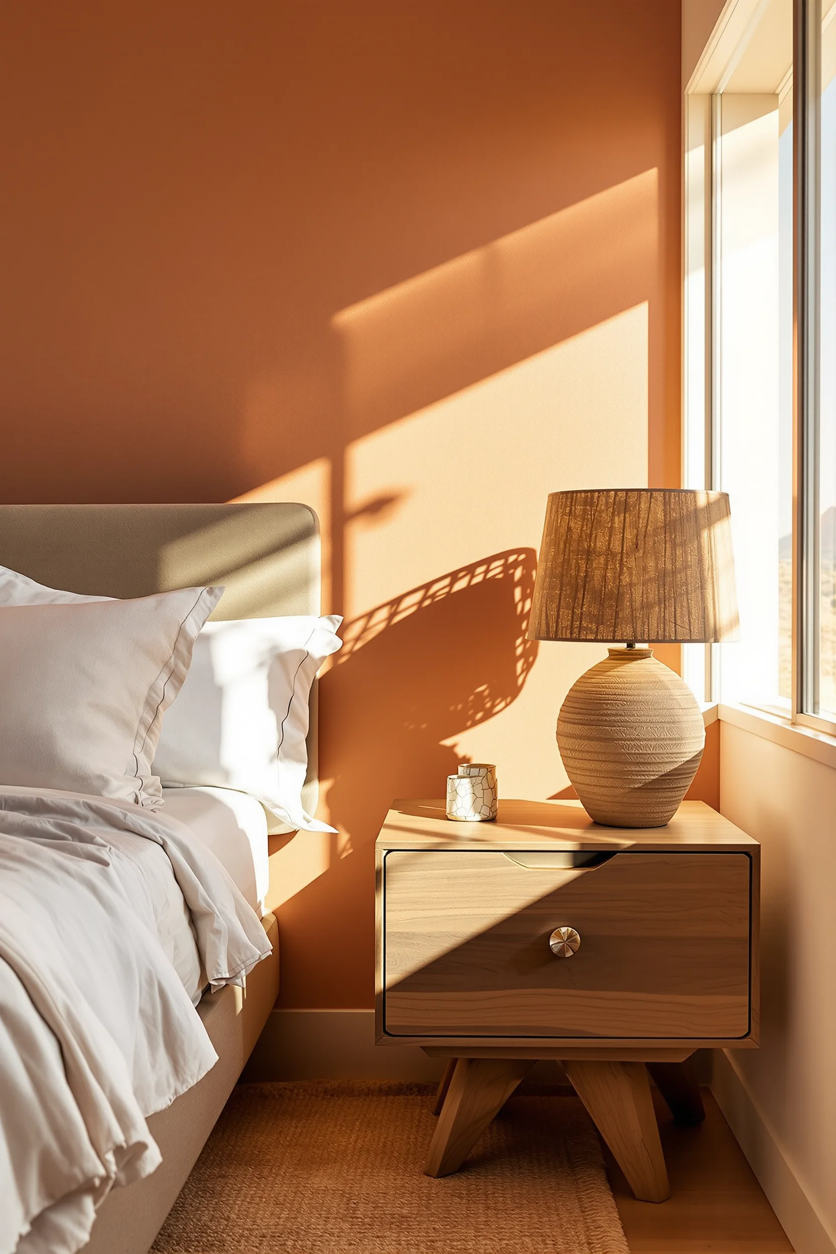 desert boho bedroom designs showing warm terracotta walls with golden sunlight and linen bedding