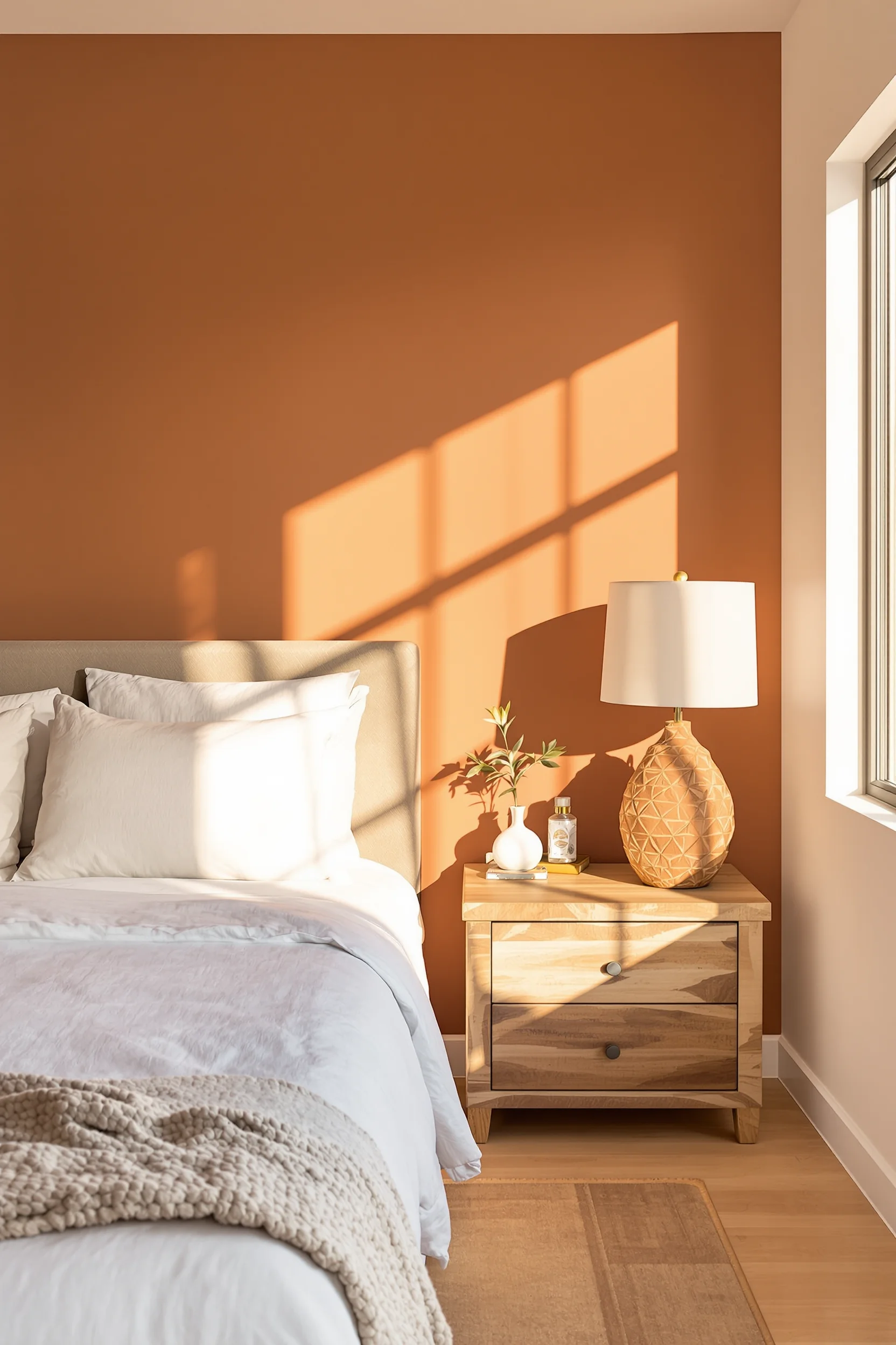 desert boho bedroom ideas featuring adobe terracotta accent wall with white bedding and natural textures