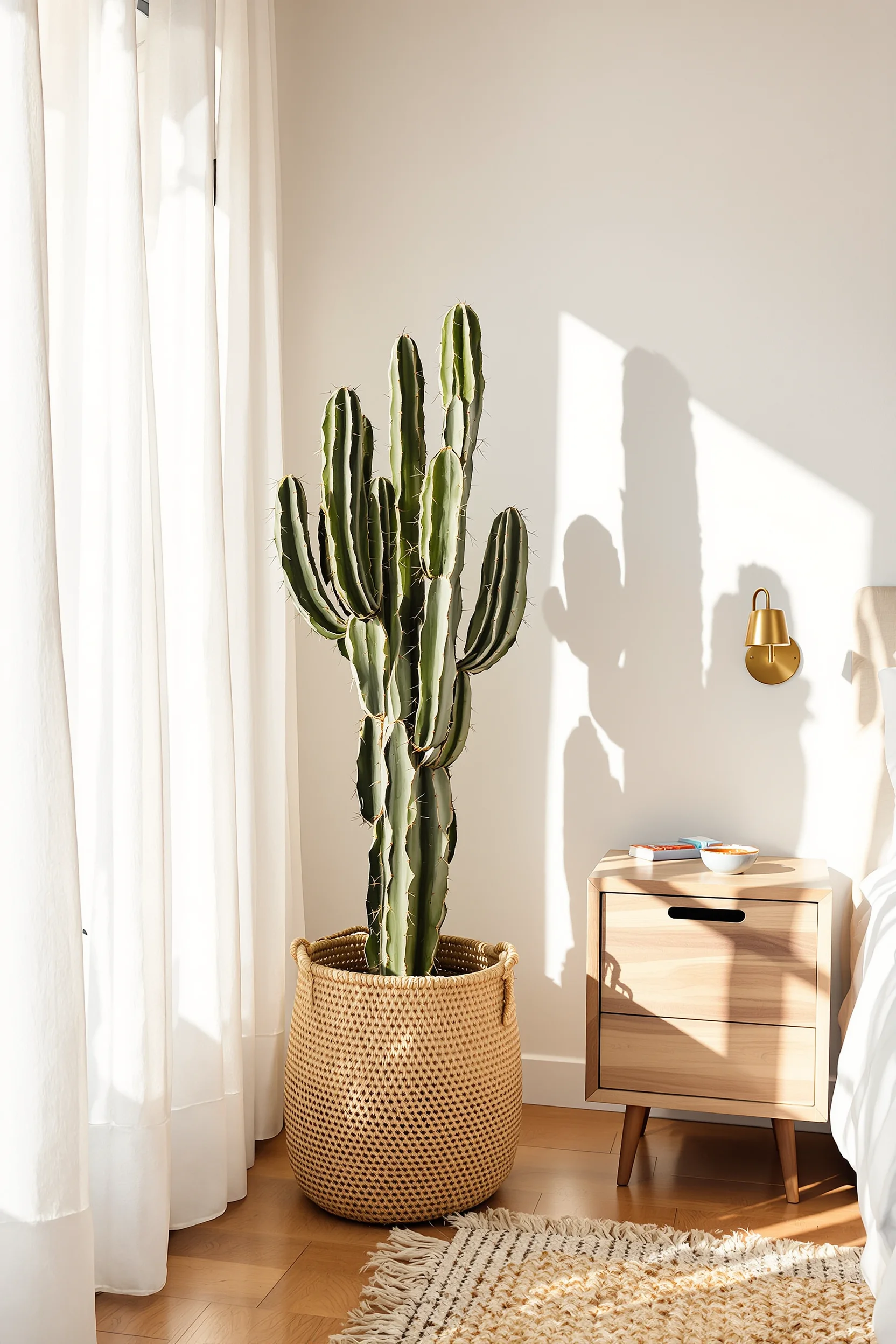 desert inspired bedroom aesthetics with minimalist brass lighting and southwestern boho styling details