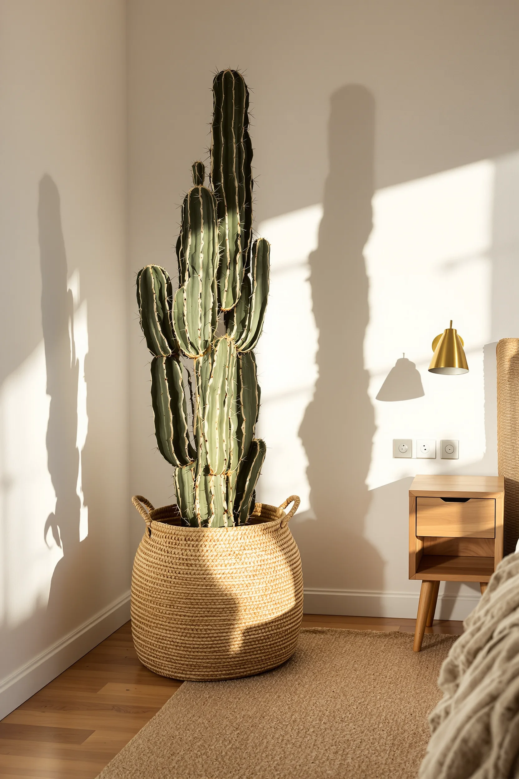 desert inspired bedroom ideas featuring oversized barrel cactus in handwoven basket with natural textures