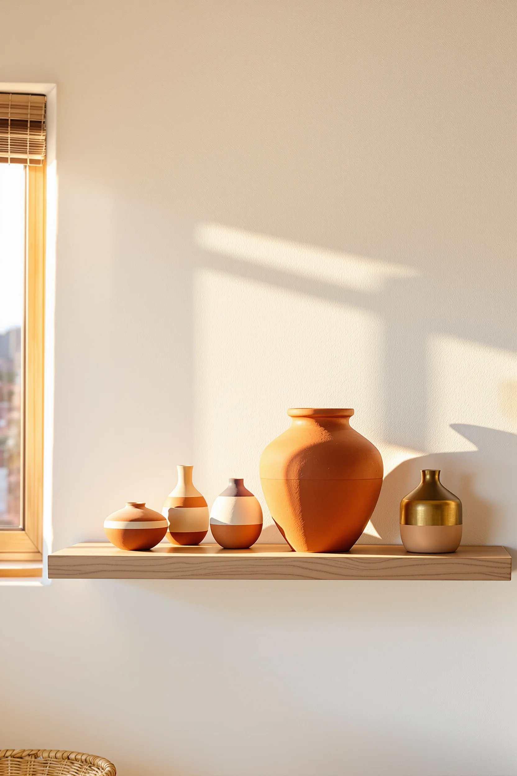 desert modern bedroom aesthetics featuring elegant terracotta pottery collection on wooden floating shelf display