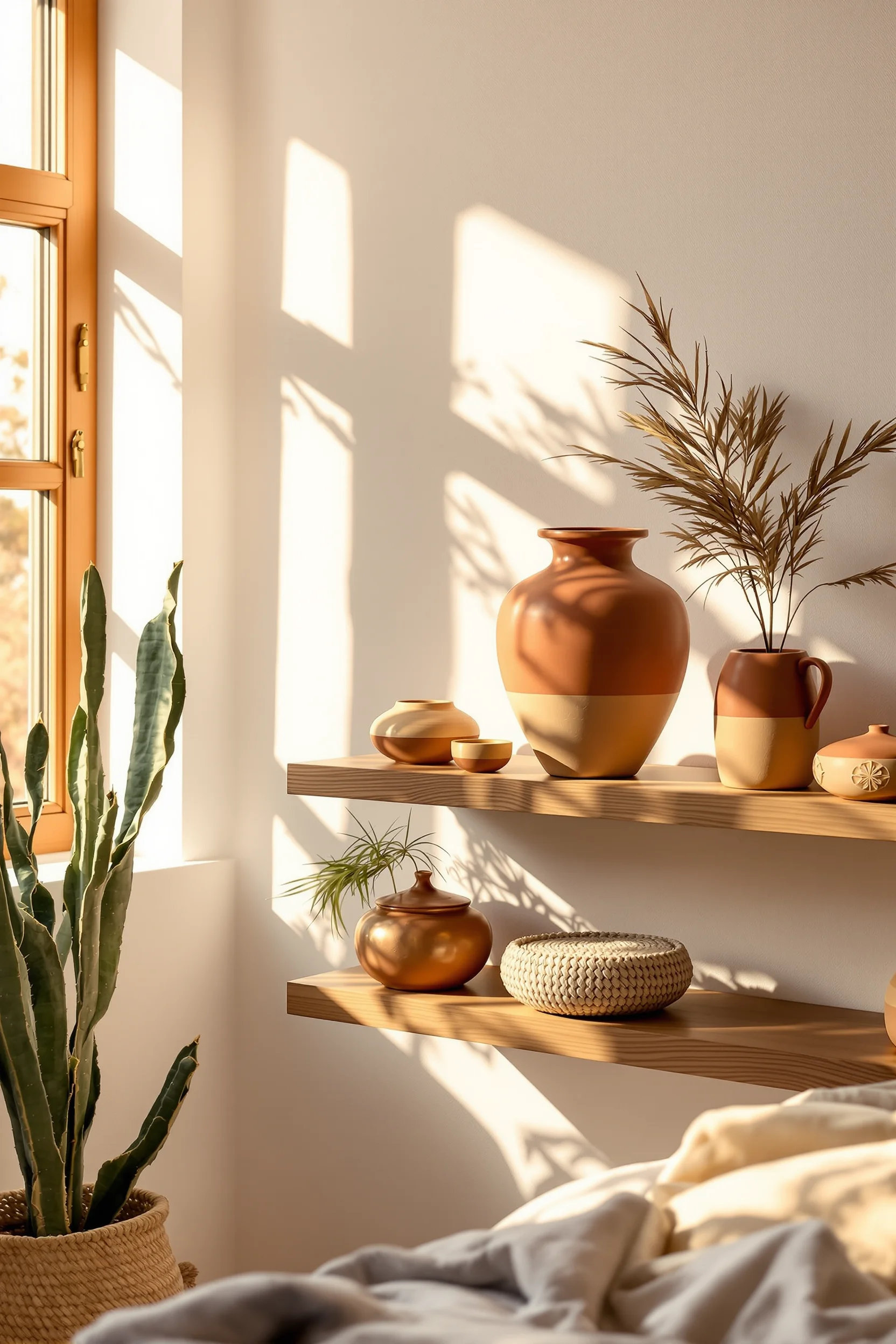 desert modern bedroom designs showing ceramic collection arrangement against white adobe wall with sunlight