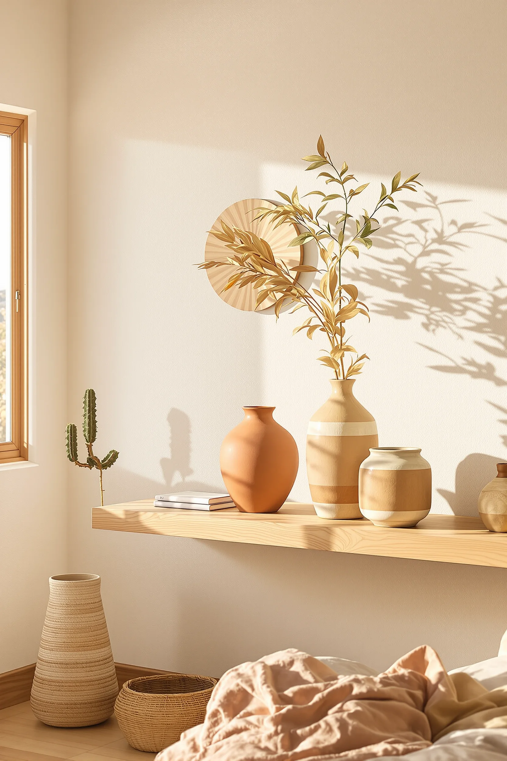 desert modern bedroom ideas featuring pottery display on floating wood shelf with terracotta vessels