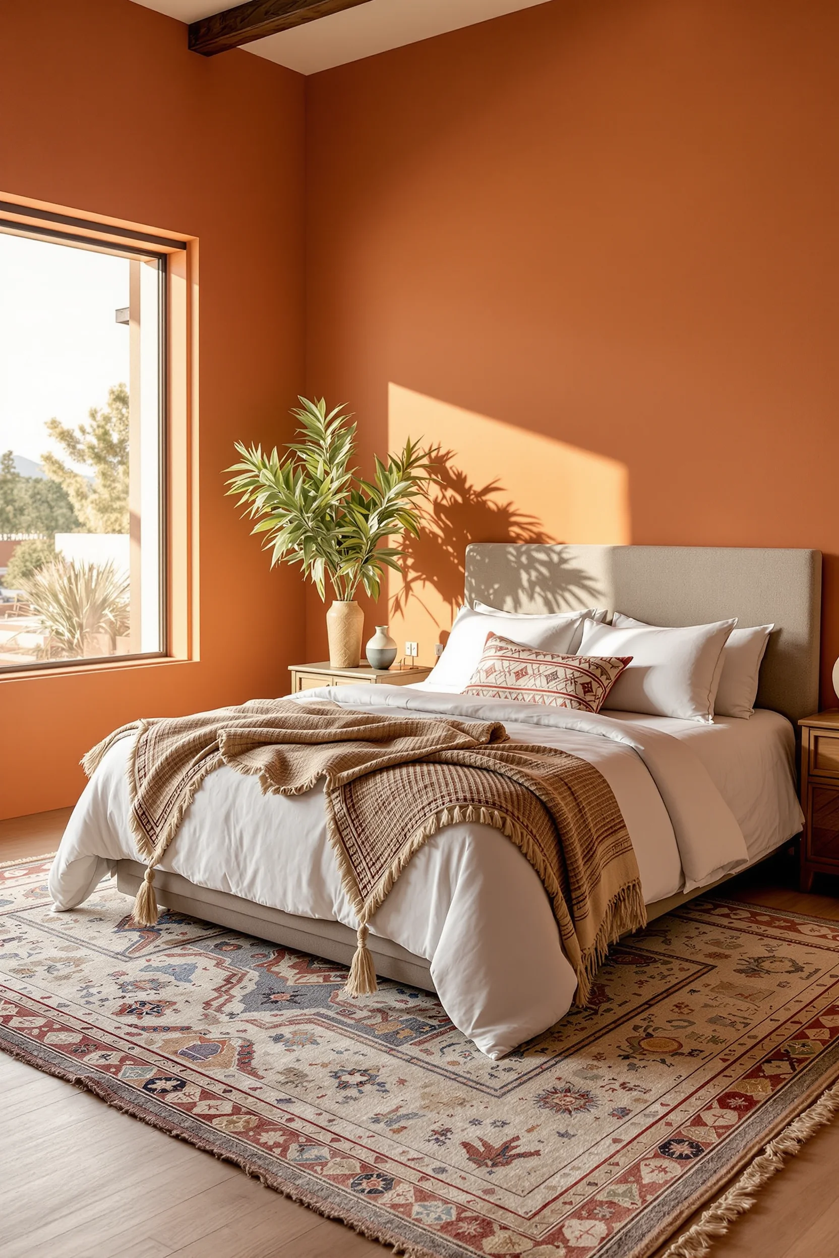 desert theme bedroom aesthetics with warm terracotta accent wall contrasting crisp white bedding and natural elements