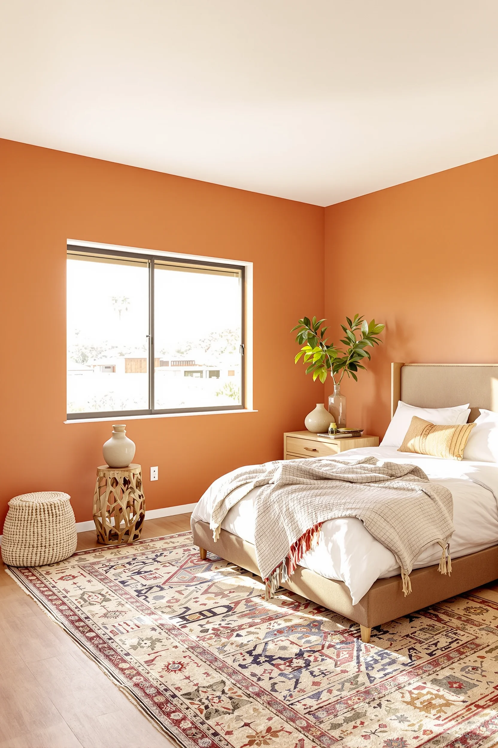 desert theme bedroom designs featuring carved wooden nightstand ceramic vessels and layered boho textiles