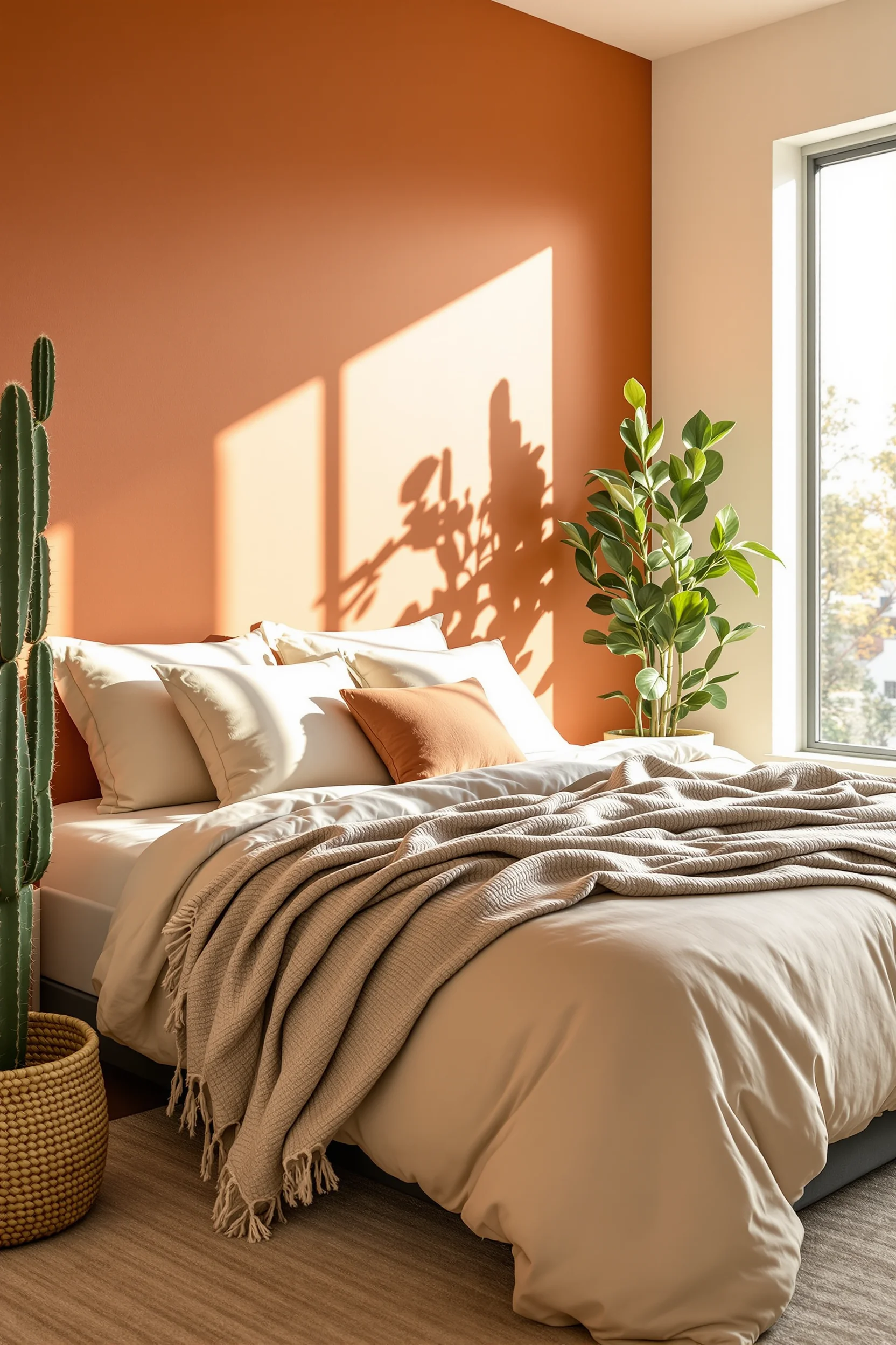desert themed bedroom aesthetics highlighting terracotta walls with dramatic window lighting and textured throws