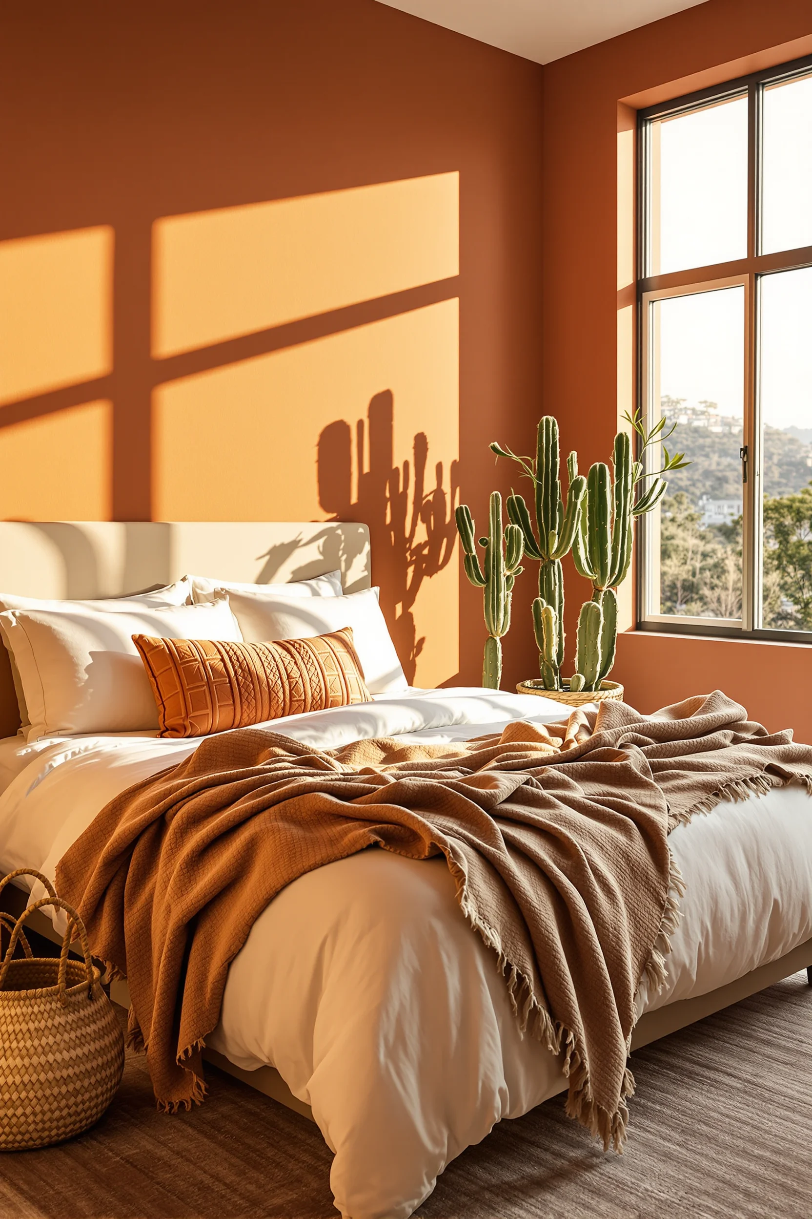 desert themed bedroom ideas featuring terracotta accent wall with natural sunlight and cream bedding
