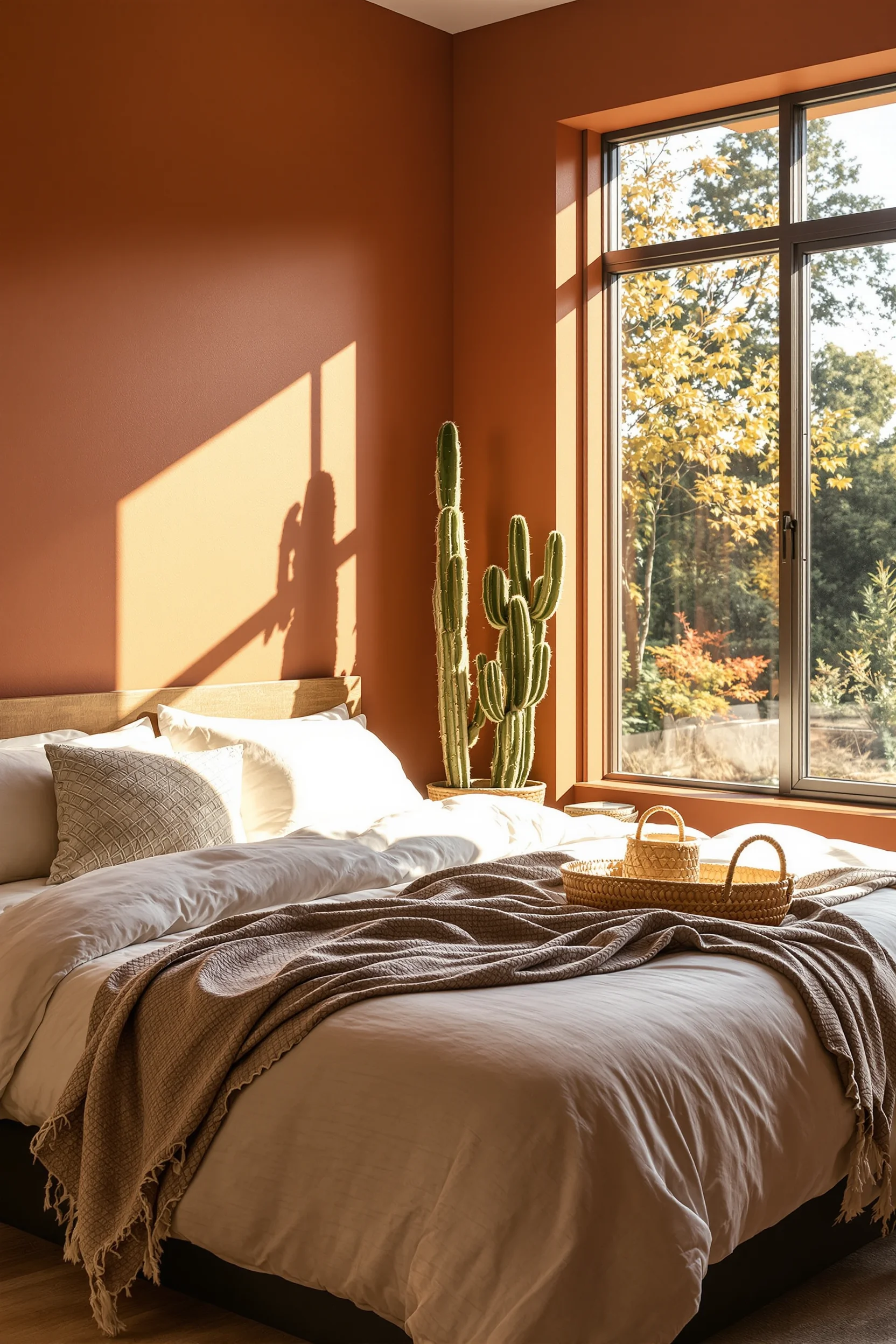 desert themed bedroom inspiration displaying warm earth tones with luxurious linen bedding and natural elements
