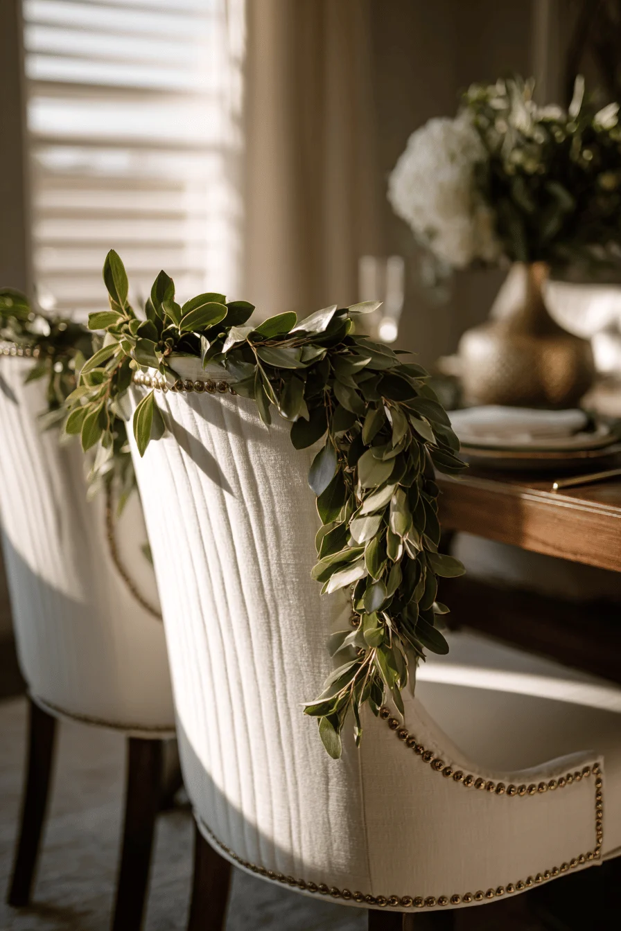 dining room christmas decor with lush green garland against white chair upholstery and walnut table