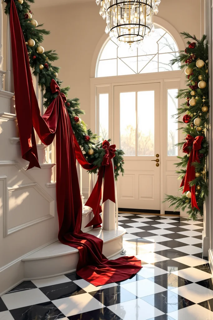 entryway christmas decor designs showing brass hardware crystal chandelier and cedar garland with burgundy bow