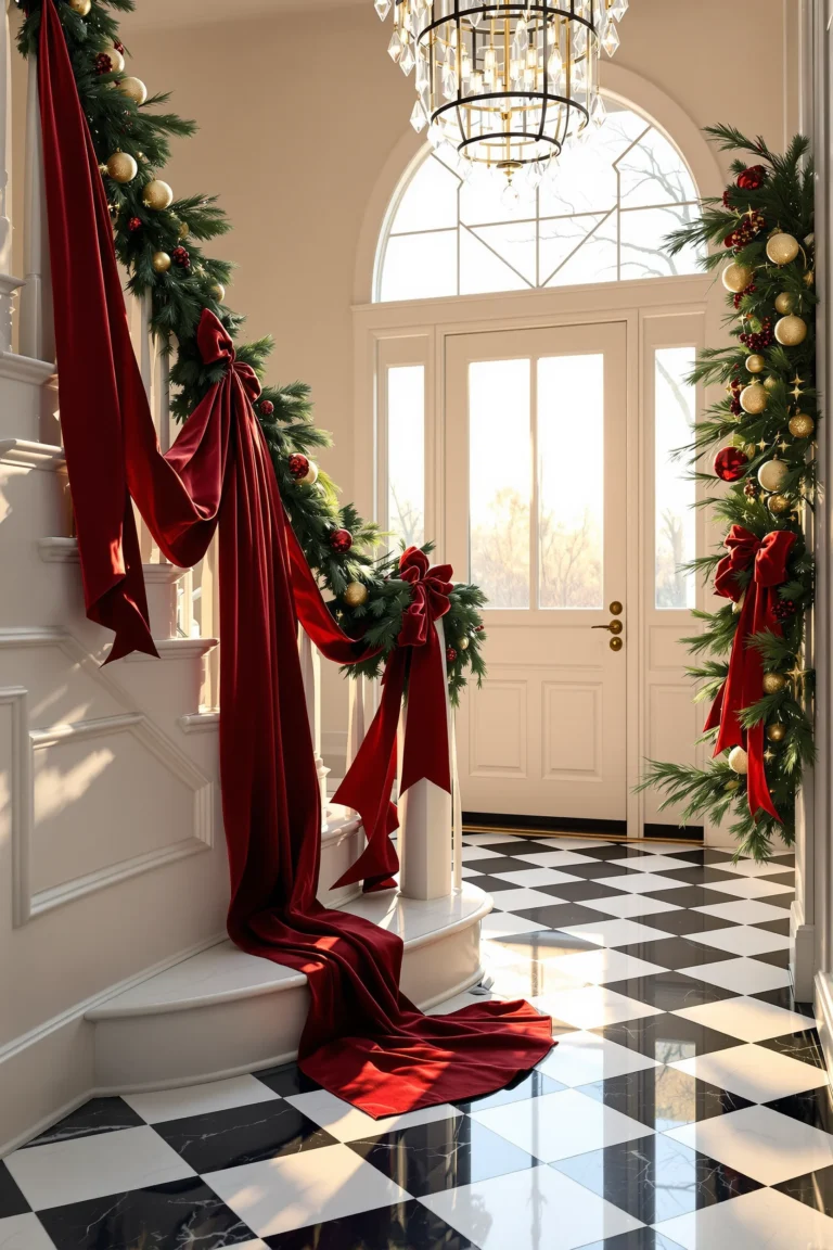 entryway christmas decor designs showing brass hardware crystal chandelier and cedar garland with burgundy bow