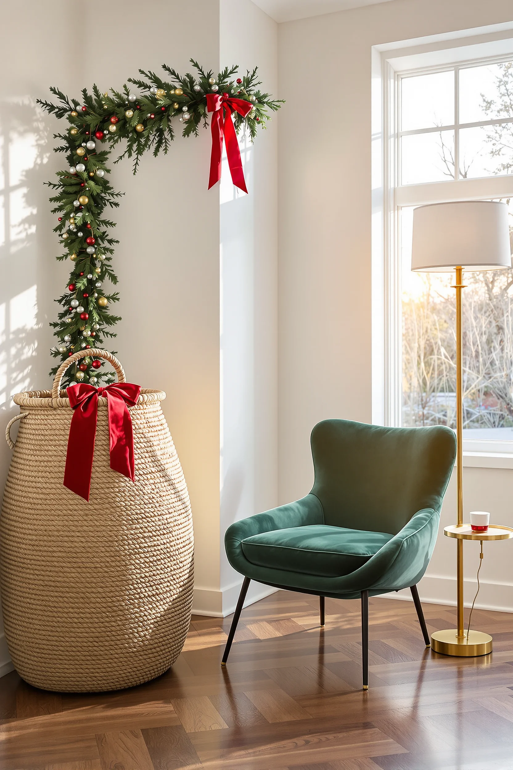festive reading nook aesthetics displaying green chair storage basket and elegant christmas decorating touches