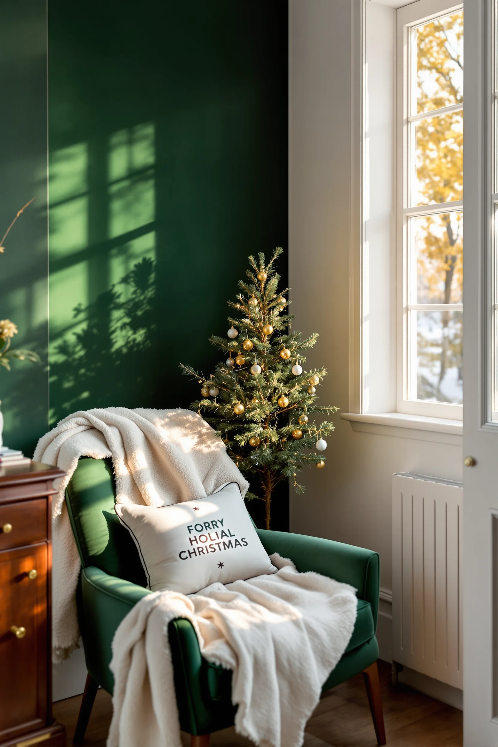 festive reading space ideas with golden hour lighting holiday pillow professional photography styling