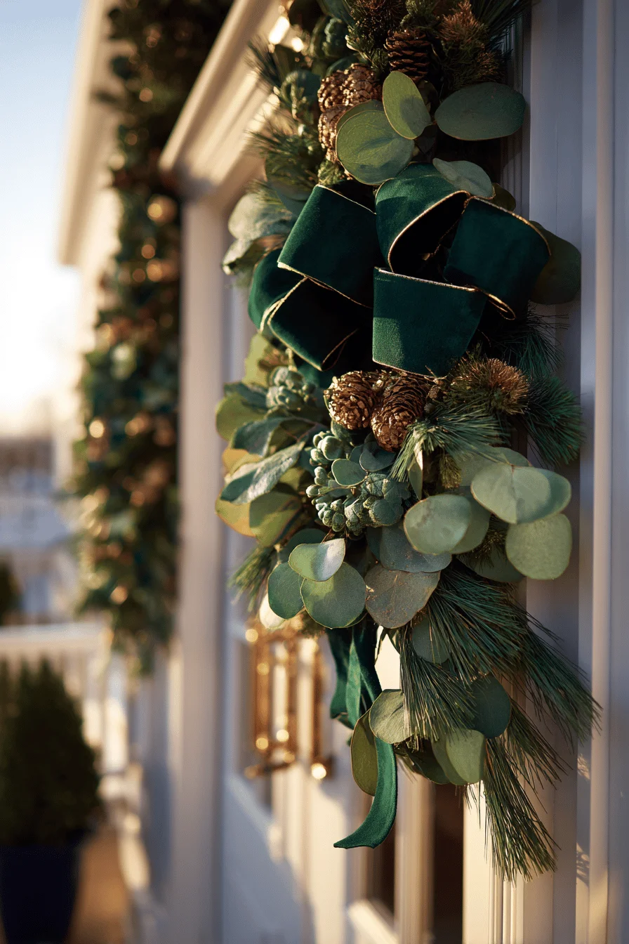 festive small porch christmas aesthetics with premium velvet ribbons and brushed metal holiday decorations