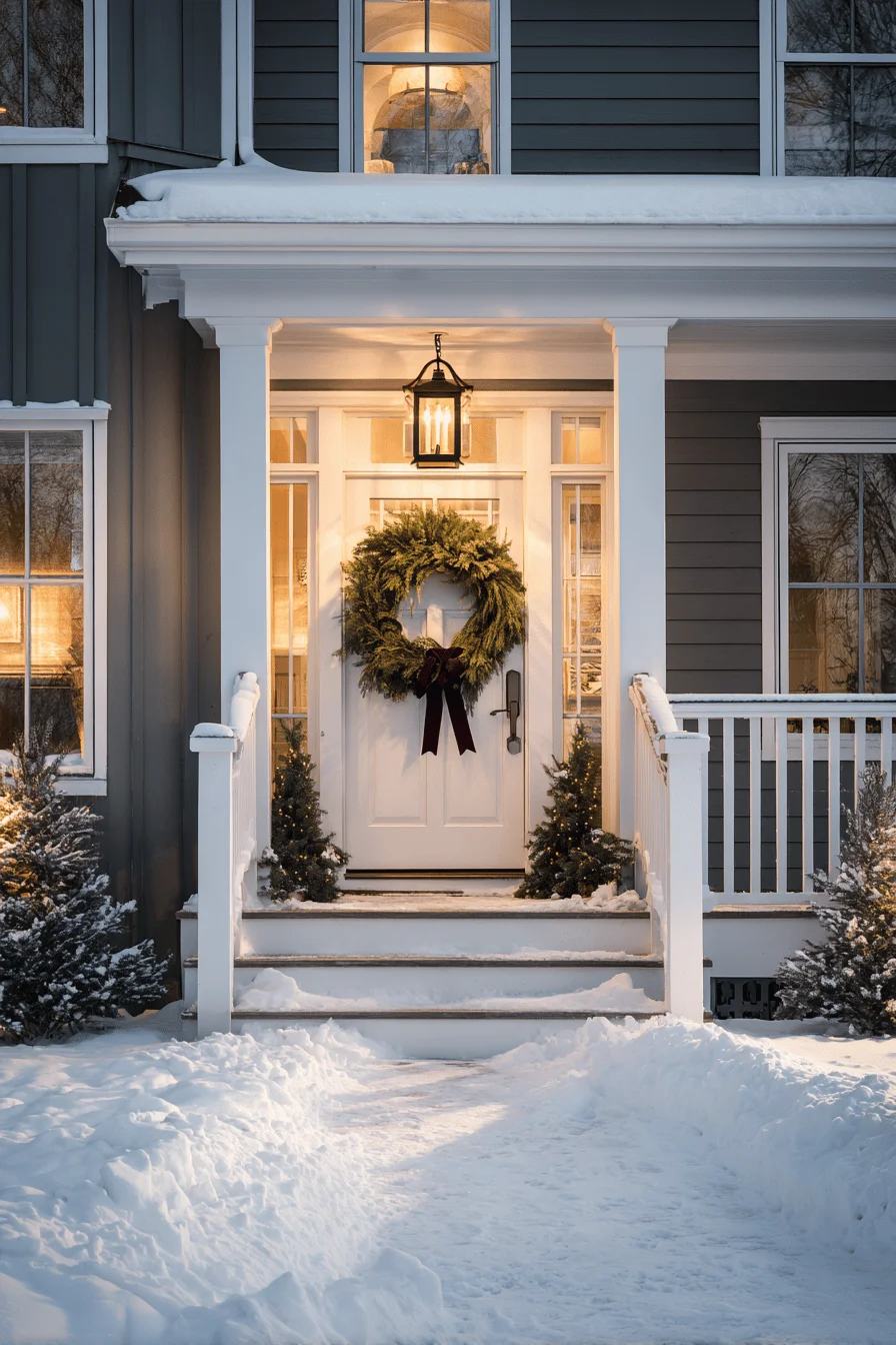 front porch christmas decor inspiration with fresh snow dusting on railings and warm holiday lighting