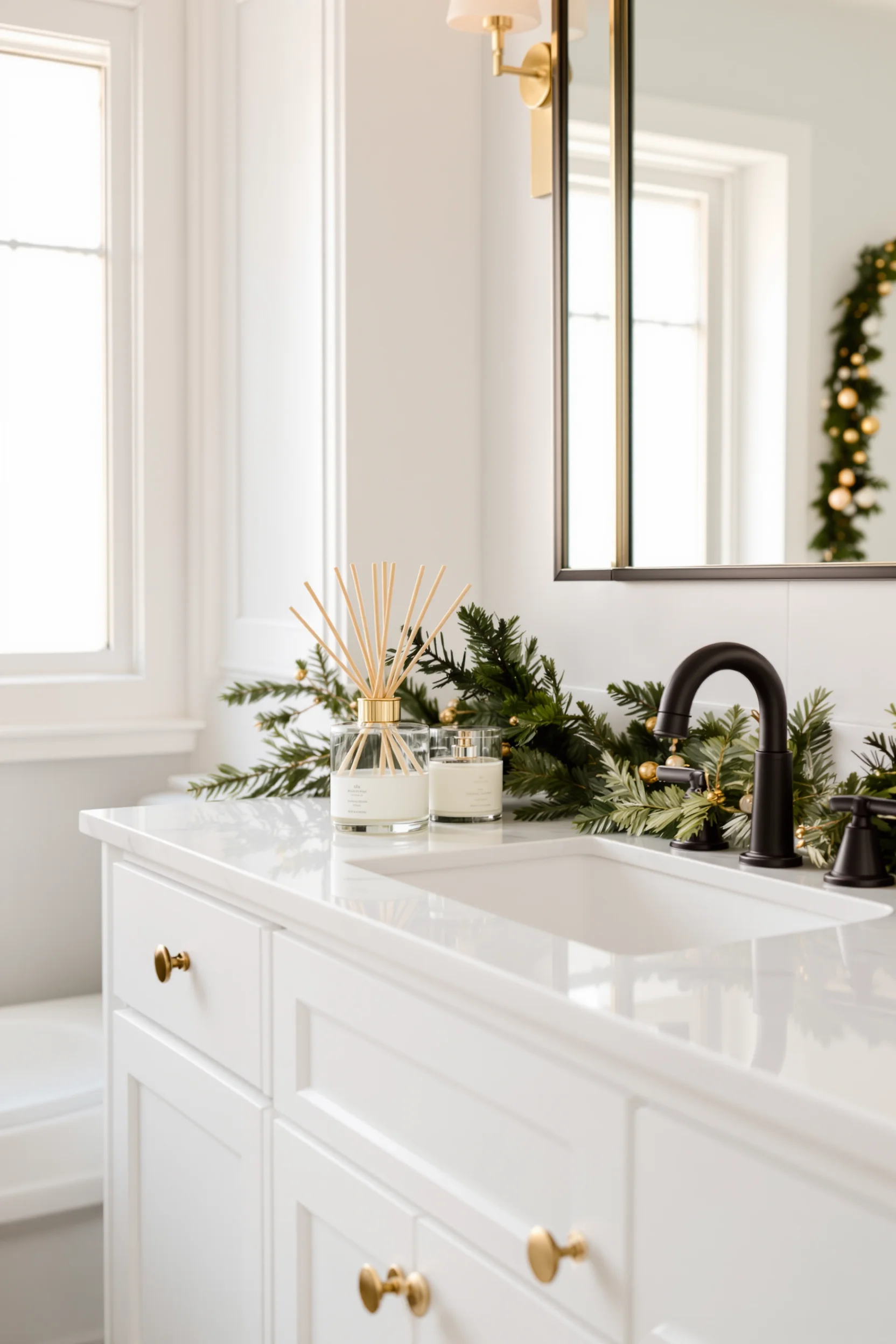 holiday bathroom inspiration showing festive scent diffuser on pristine marble with golden hardware accents