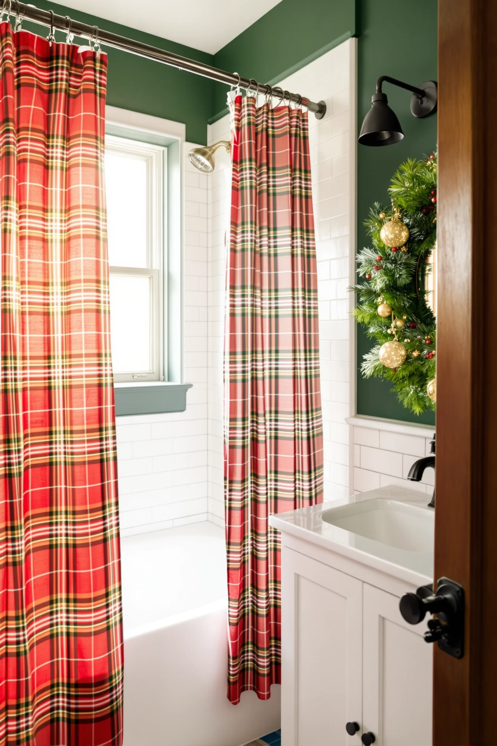 holiday bathroom inspiration with geometric plaid curtain warm lighting and festive evergreen decorative elements