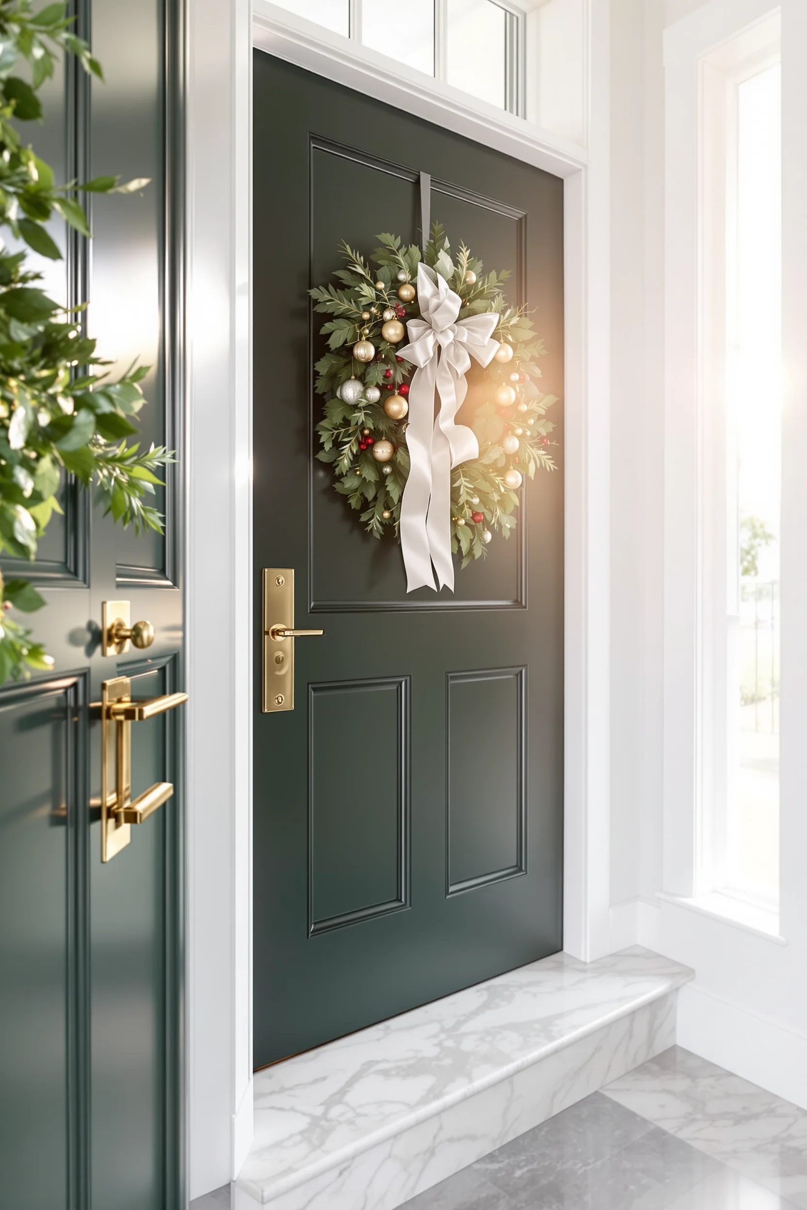 holiday entryway decor inspiration showing polished brass hardware with premium marble threshold details