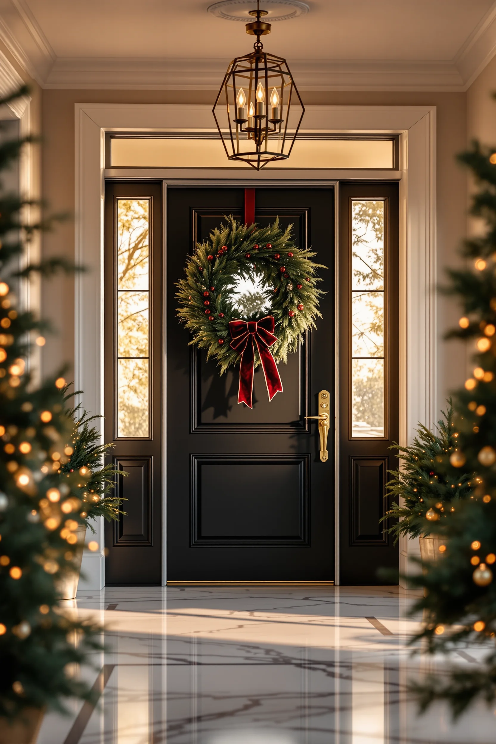 holiday entryway table inspiration featuring classic wreath decor with professional lighting aesthetics